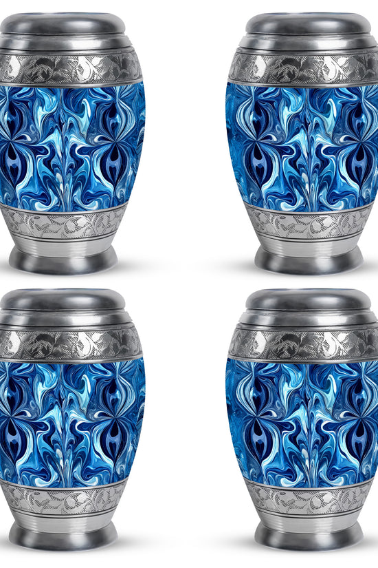 Cobalt Blue Blue Cremation Urn urn with complimentary velvet bag - royal blue engraving with decorative scrollwork - 10 inch aluminum urn for cremated remains