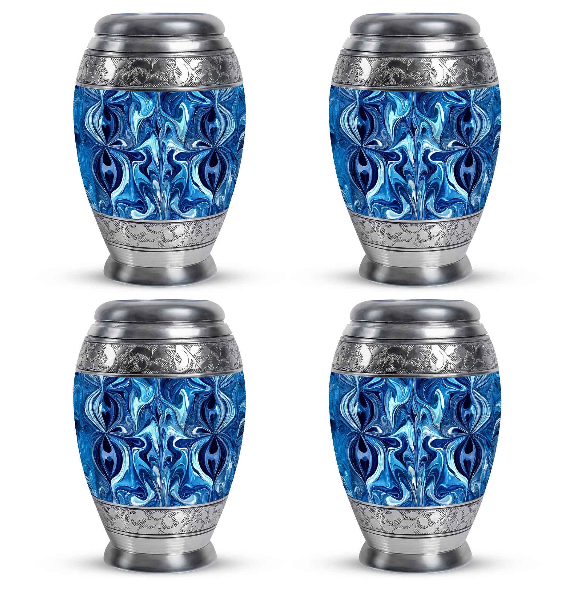 Cobalt Blue Blue Cremation Urn urn with complimentary velvet bag - royal blue engraving with decorative scrollwork - 10 inch aluminum urn for cremated remains