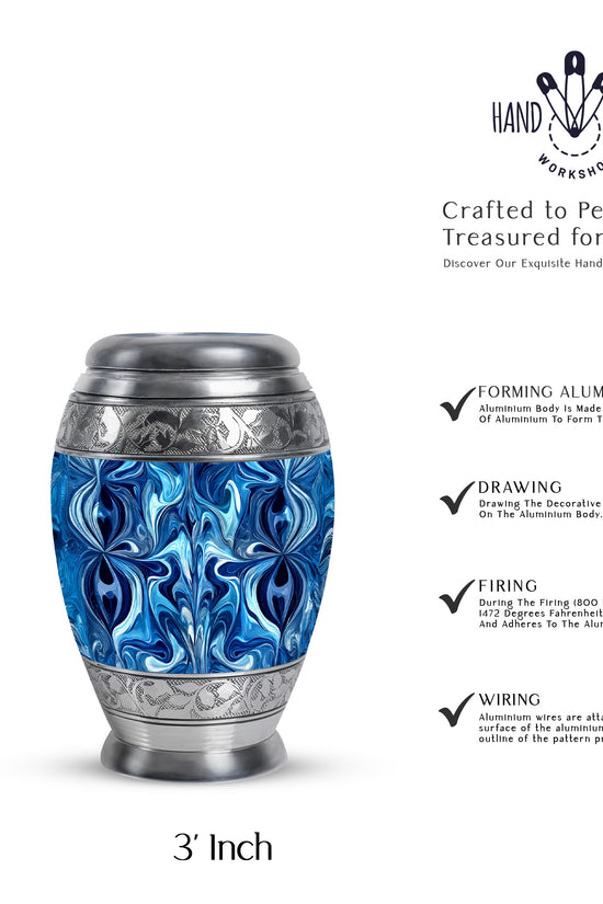 Royal Blue Blue Cremation Urn lifestyle display on memorial shelf - royal blue engraving with decorative scrollwork - mini keepsake memorial for portion of cremation ashes