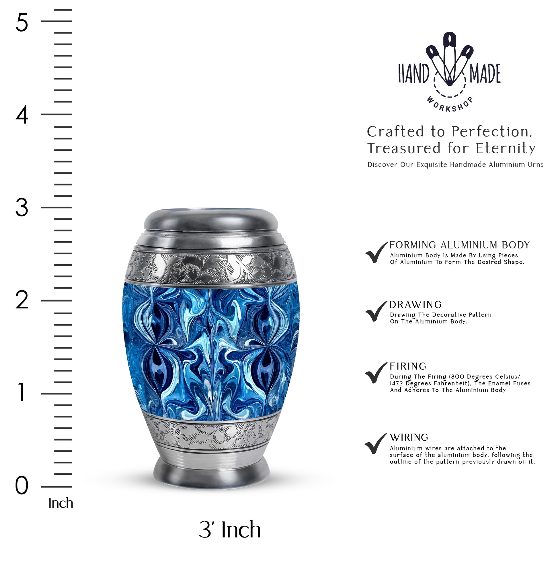 Royal Blue Blue Cremation Urn lifestyle display on memorial shelf - royal blue engraving with decorative scrollwork - mini keepsake memorial for portion of cremation ashes
