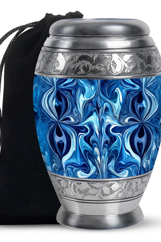 Calming Blue Blue Cremation Urn back view with polished surface - majestic blue pattern with filigree border - full-size 10 inch 200 cubic inch adult cremation urn