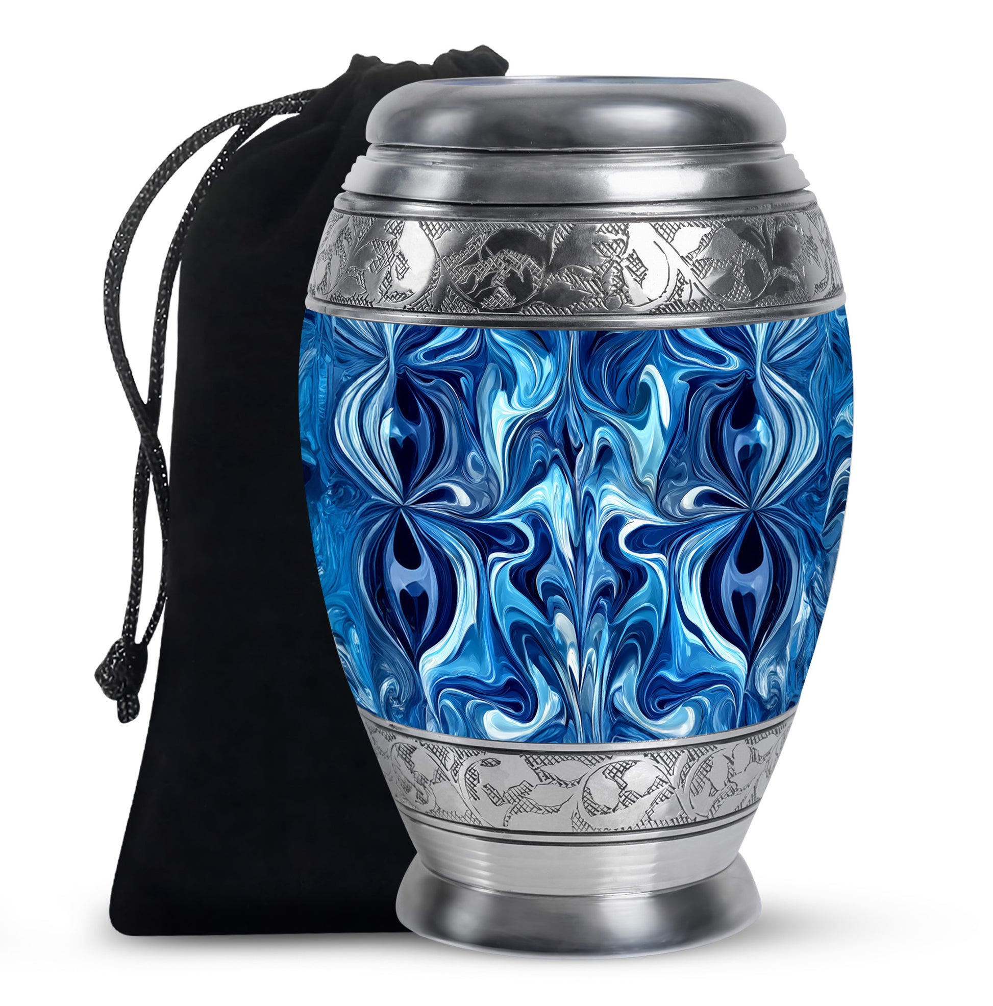 Calming Blue Blue Cremation Urn back view with polished surface - majestic blue pattern with filigree border - full-size 10 inch 200 cubic inch adult cremation urn
