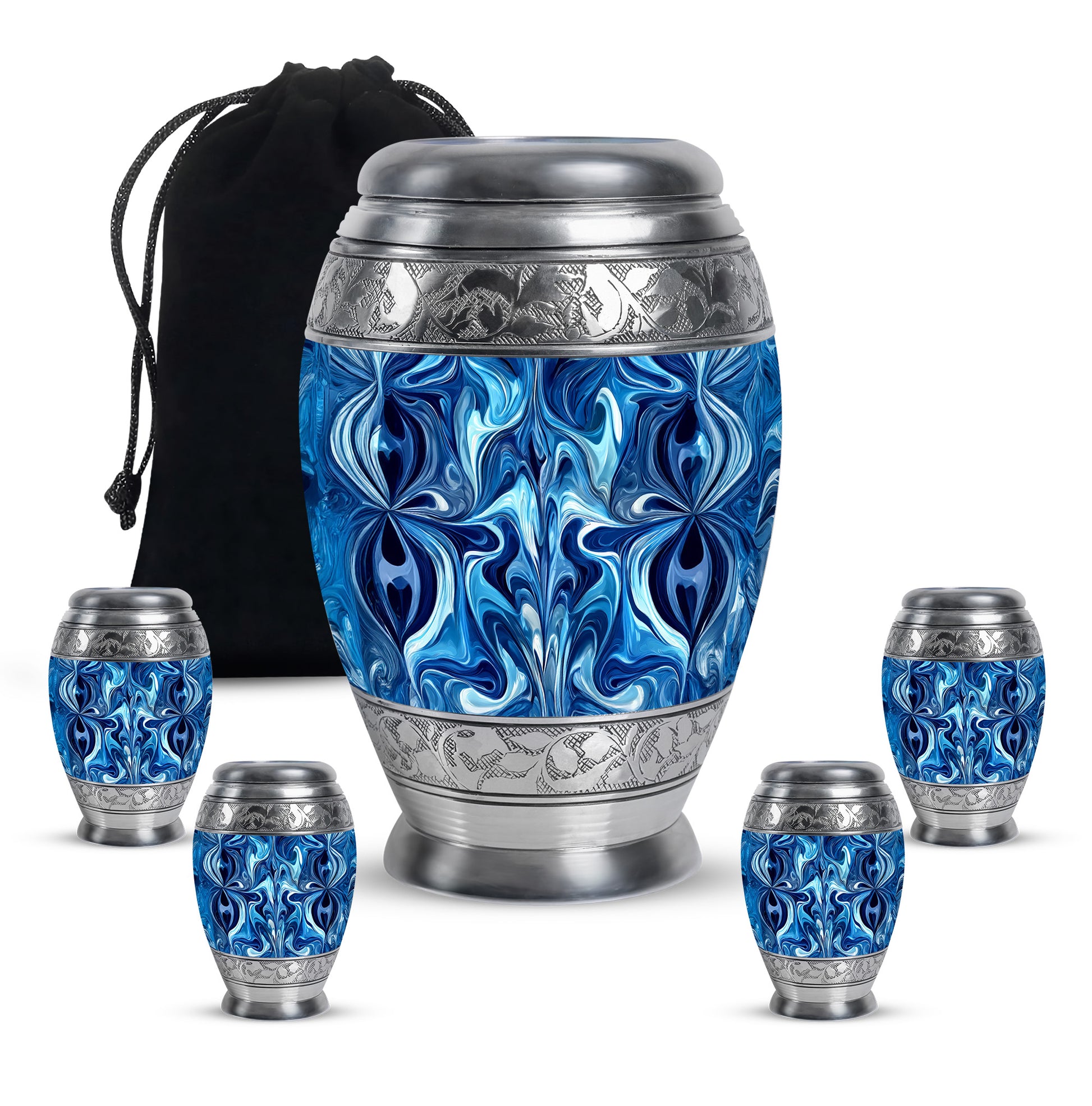 Indigo Blue Cremation Urn detail view - ornate monarch-style blue relief on brushed aluminum - memorial set with one large and four small urns