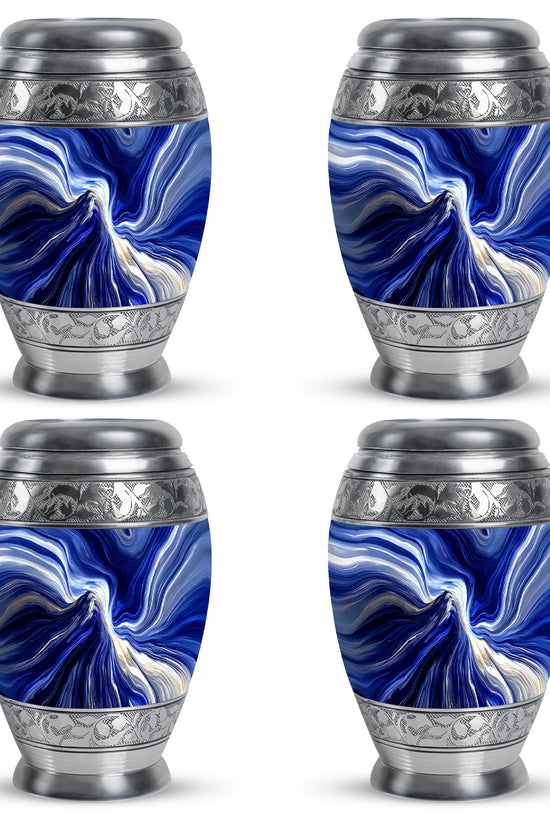 Vivid Blue Blue Cremation Urn urn with complimentary velvet bag - royal blue engraving with decorative scrollwork - 10 inch aluminum urn for cremated remains