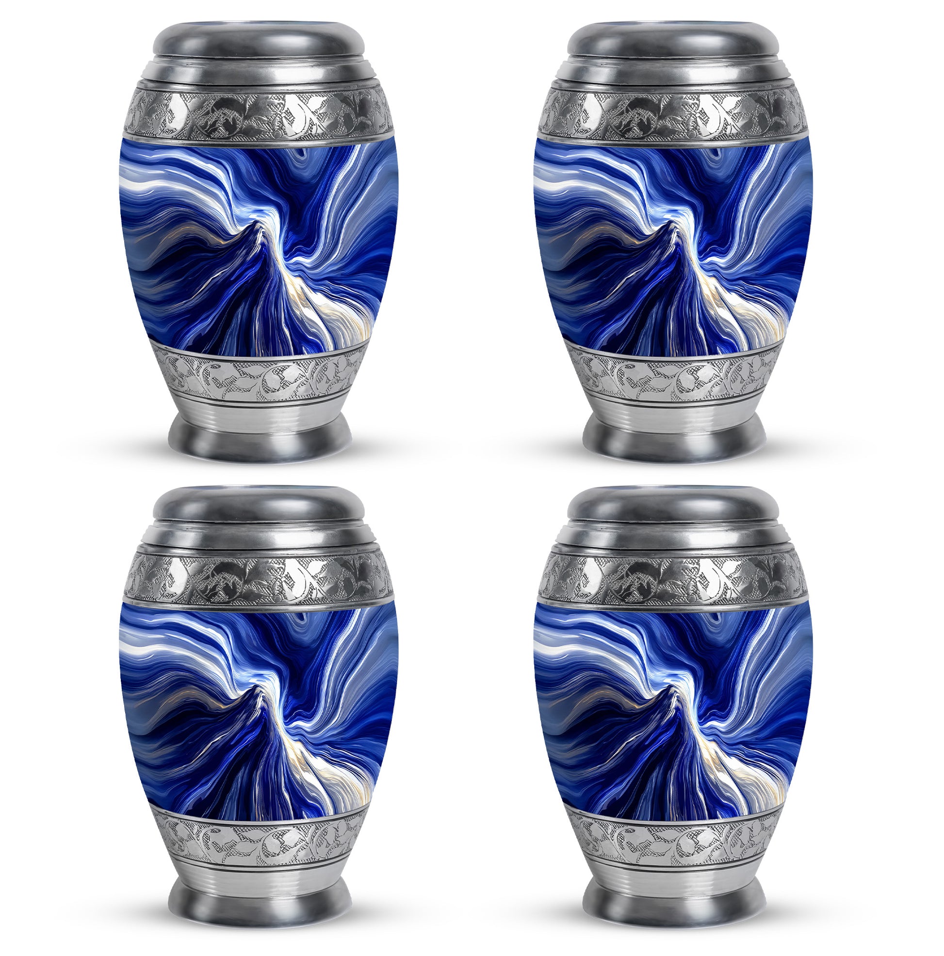 Vivid Blue Blue Cremation Urn urn with complimentary velvet bag - royal blue engraving with decorative scrollwork - 10 inch aluminum urn for cremated remains