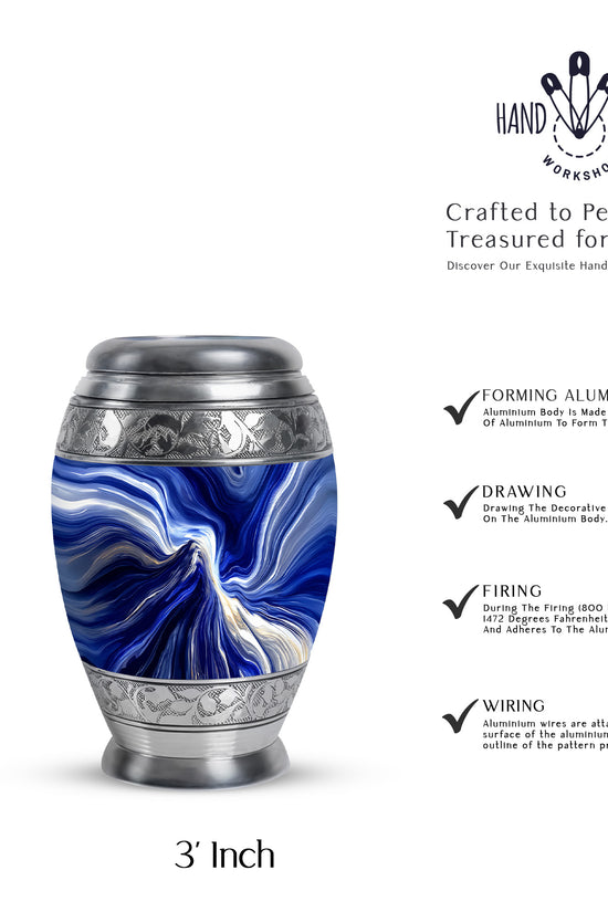 Celestial Blue Blue Cremation Urn lifestyle display on memorial shelf - regal blue design with crown-inspired accents - mini keepsake memorial for portion of cremation ashes