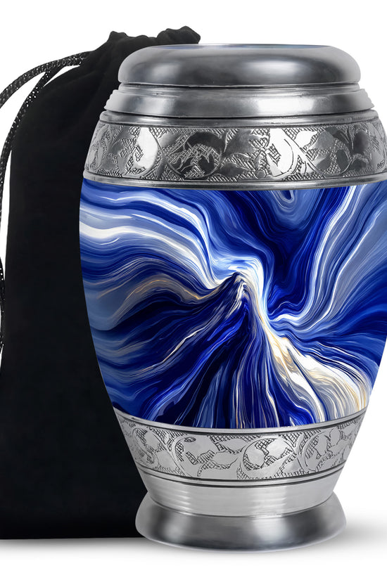 Serene Blue Blue Cremation Urn back view with polished surface - majestic blue pattern with filigree border - full-size 10 inch 200 cubic inch adult cremation urn