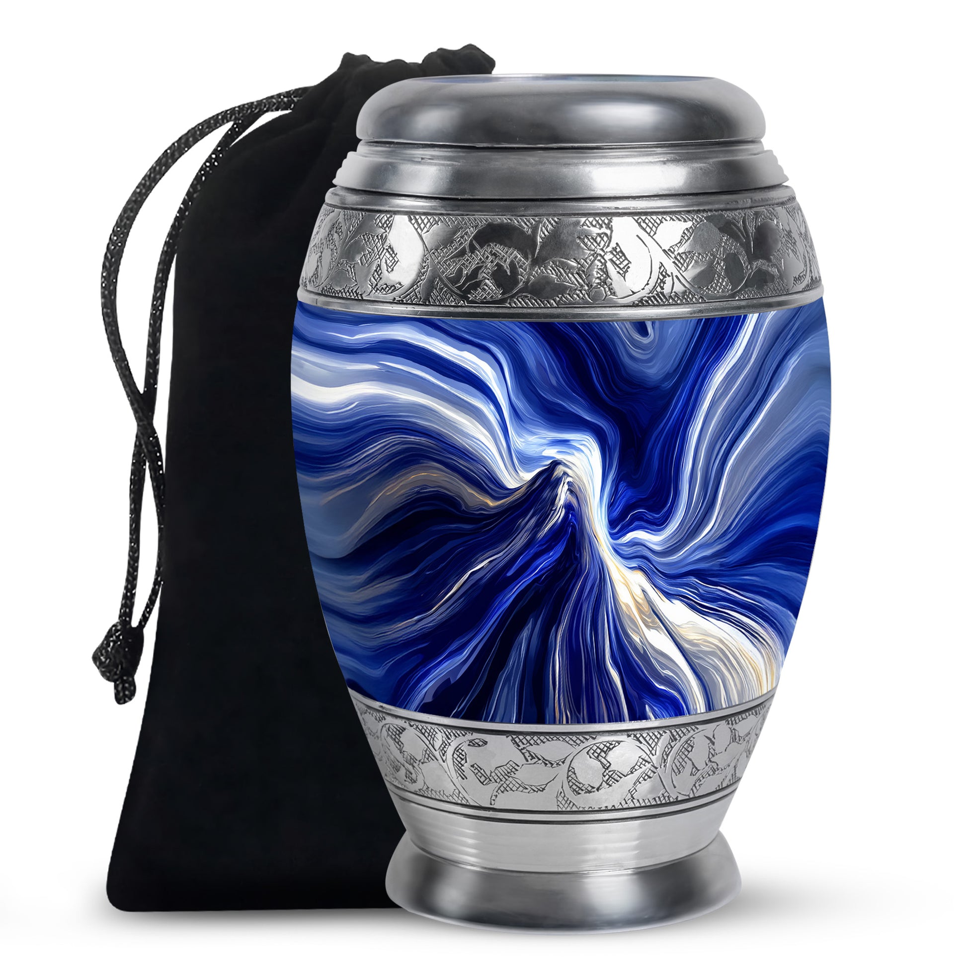 Serene Blue Blue Cremation Urn back view with polished surface - majestic blue pattern with filigree border - full-size 10 inch 200 cubic inch adult cremation urn