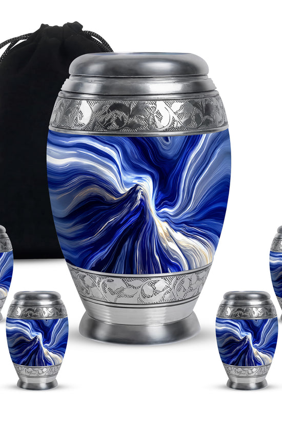 Dusty Blue Blue Cremation Urn detail view - regal blue design with crown-inspired accents - memorial set with one large and four small urns