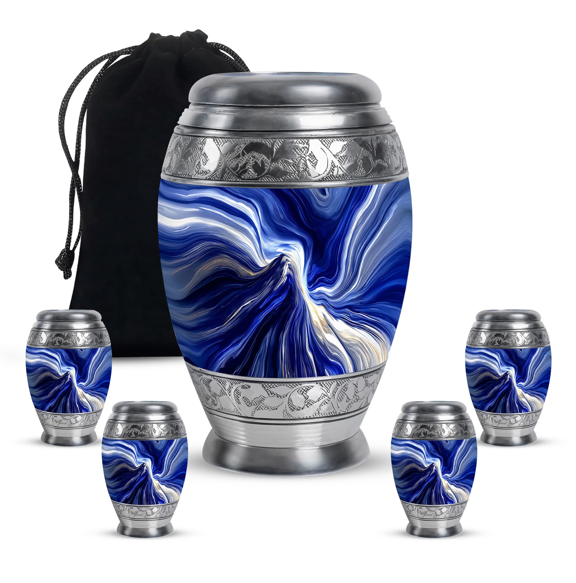 Dusty Blue Blue Cremation Urn detail view - regal blue design with crown-inspired accents - memorial set with one large and four small urns
