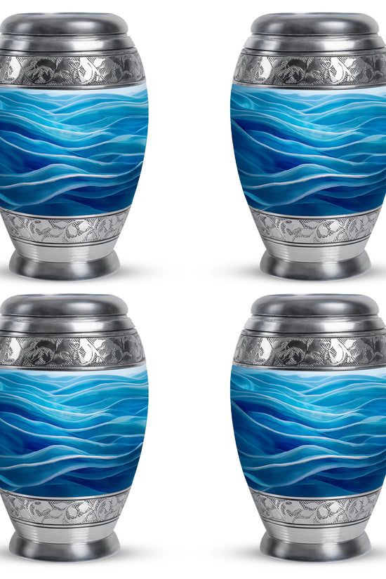 Steel Blue Blue Cremation Urn urn with complimentary velvet bag - majestic blue pattern with filigree border - 10 inch aluminum urn for cremated remains