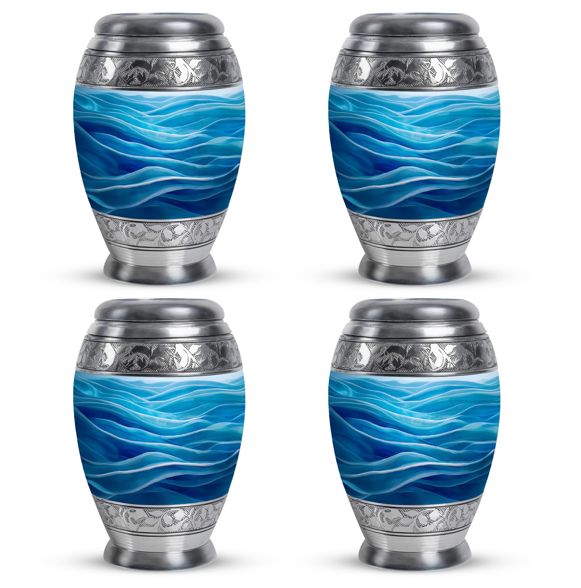 Steel Blue Blue Cremation Urn urn with complimentary velvet bag - majestic blue pattern with filigree border - 10 inch aluminum urn for cremated remains