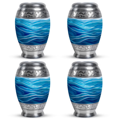 Steel Blue Blue Cremation Urn urn with complimentary velvet bag - majestic blue pattern with filigree border - 10 inch aluminum urn for cremated remains