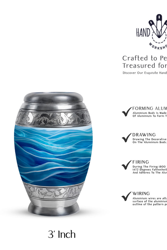 Calming Blue Blue Cremation Urn lifestyle display on memorial shelf - royal blue engraving with decorative scrollwork - mini keepsake memorial for portion of cremation ashes