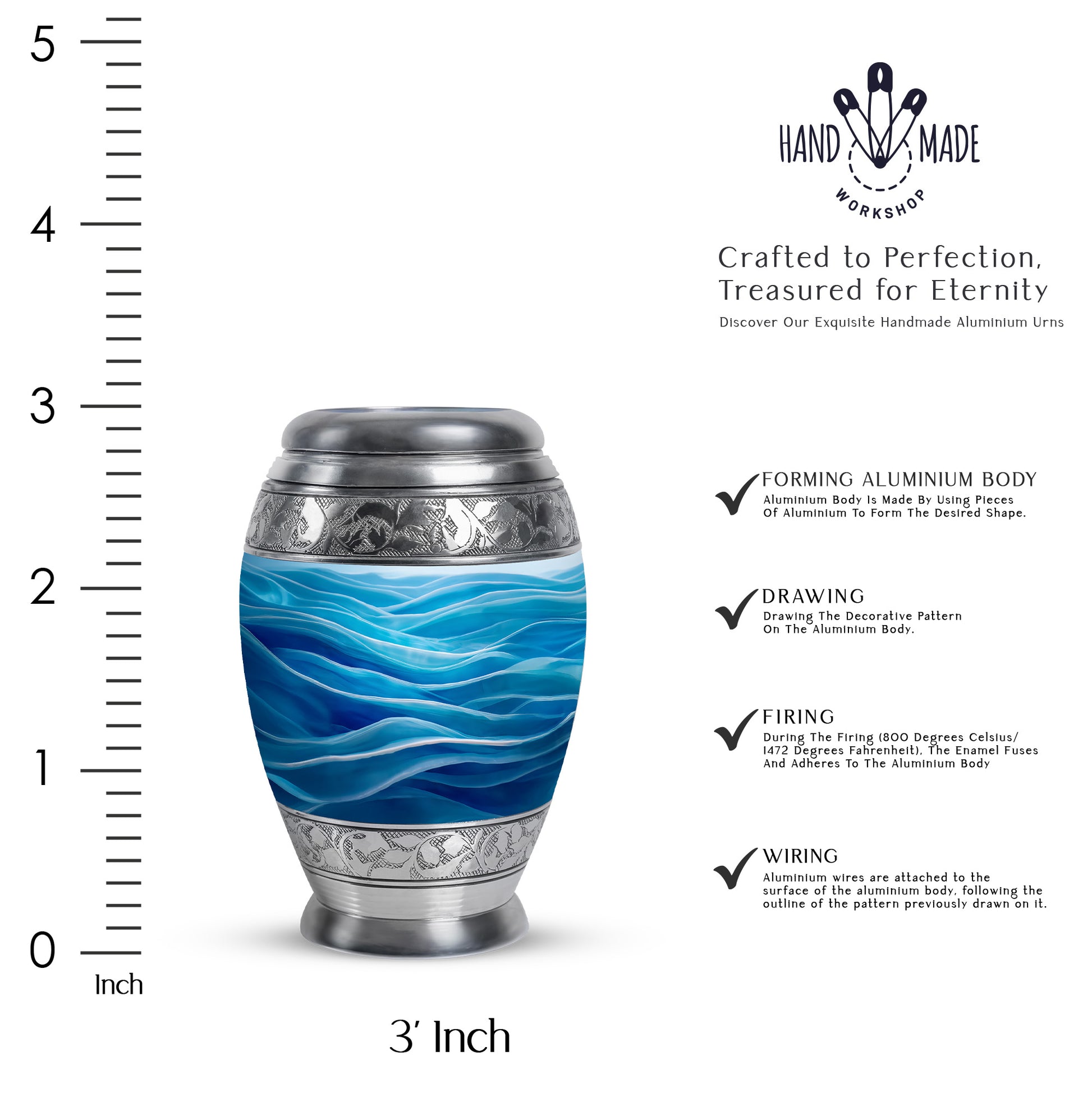 Calming Blue Blue Cremation Urn lifestyle display on memorial shelf - royal blue engraving with decorative scrollwork - mini keepsake memorial for portion of cremation ashes
