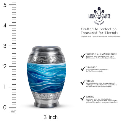 Calming Blue Blue Cremation Urn lifestyle display on memorial shelf - royal blue engraving with decorative scrollwork - mini keepsake memorial for portion of cremation ashes