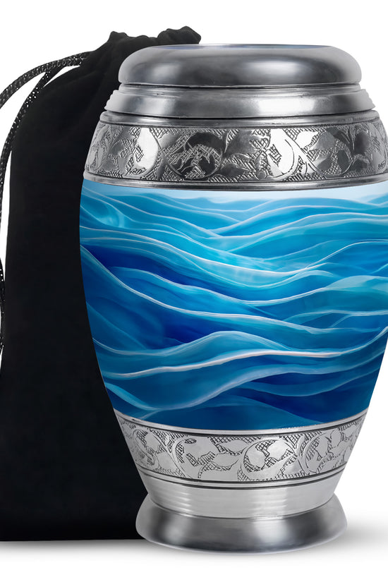 Icy Blue Blue Cremation Urn back view with polished surface - regal blue design with crown-inspired accents - full-size 10 inch 200 cubic inch adult cremation urn