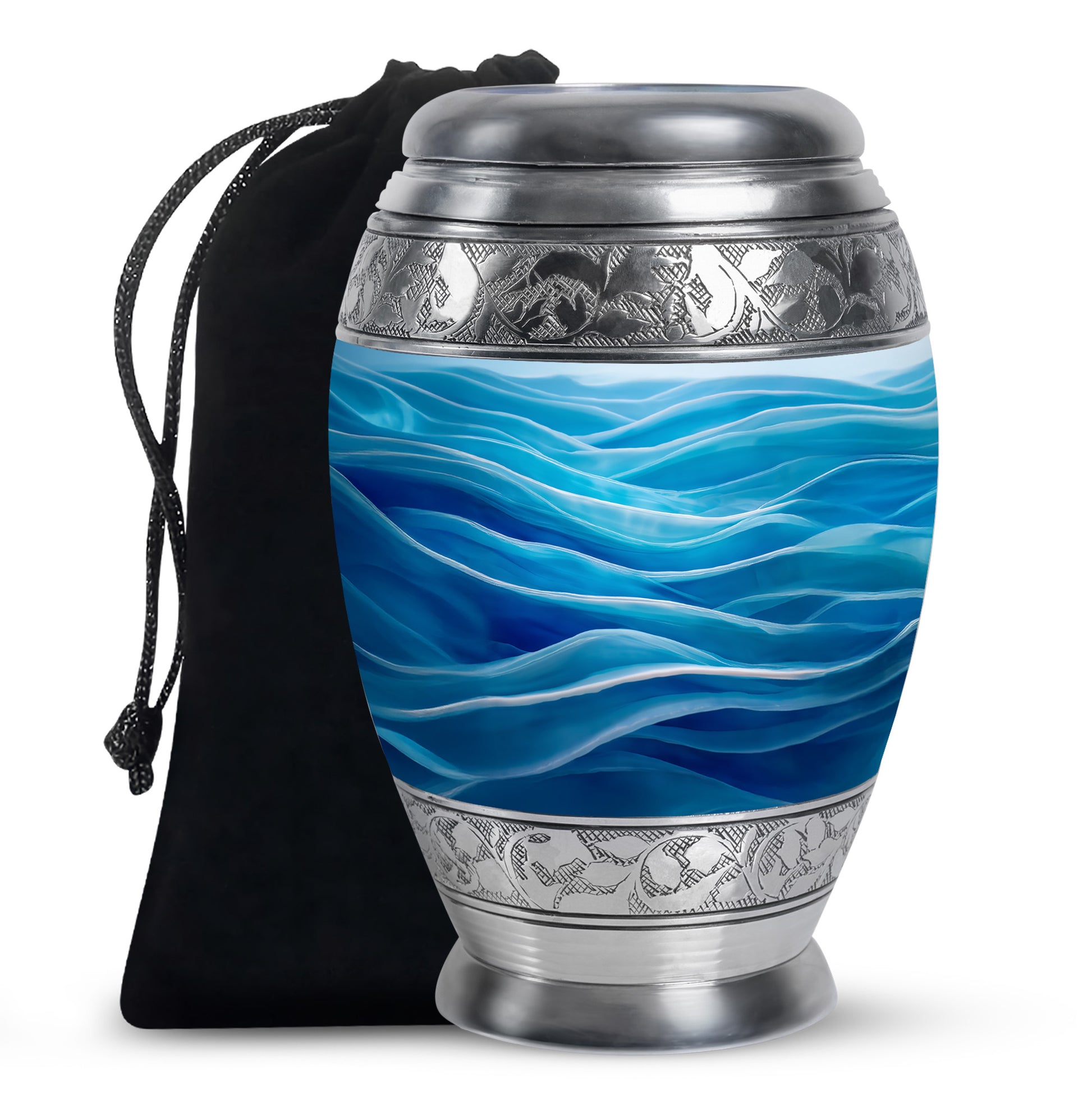 Icy Blue Blue Cremation Urn back view with polished surface - regal blue design with crown-inspired accents - full-size 10 inch 200 cubic inch adult cremation urn