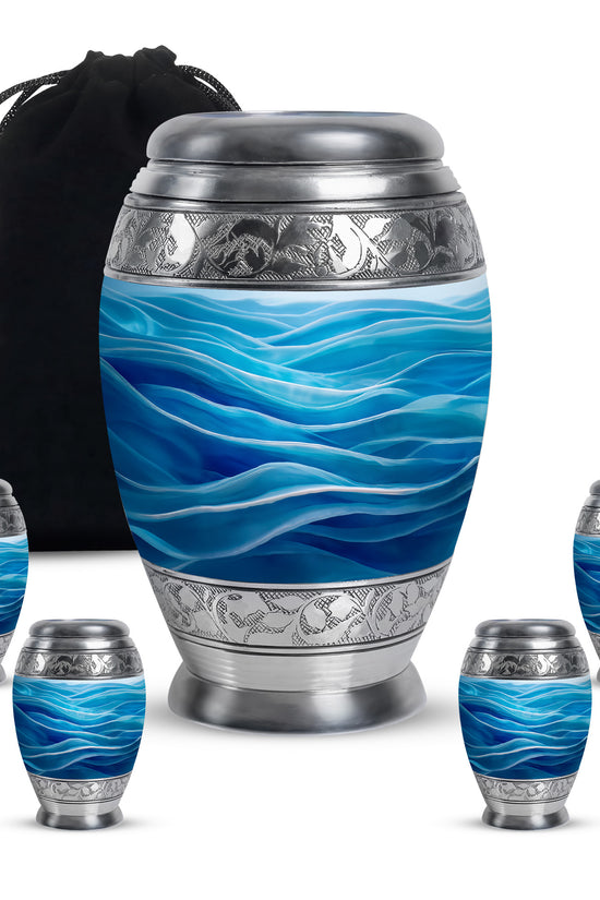 Bright Blue Blue Cremation Urn detail view - royal blue engraving with decorative scrollwork - memorial set with one large and four small urns