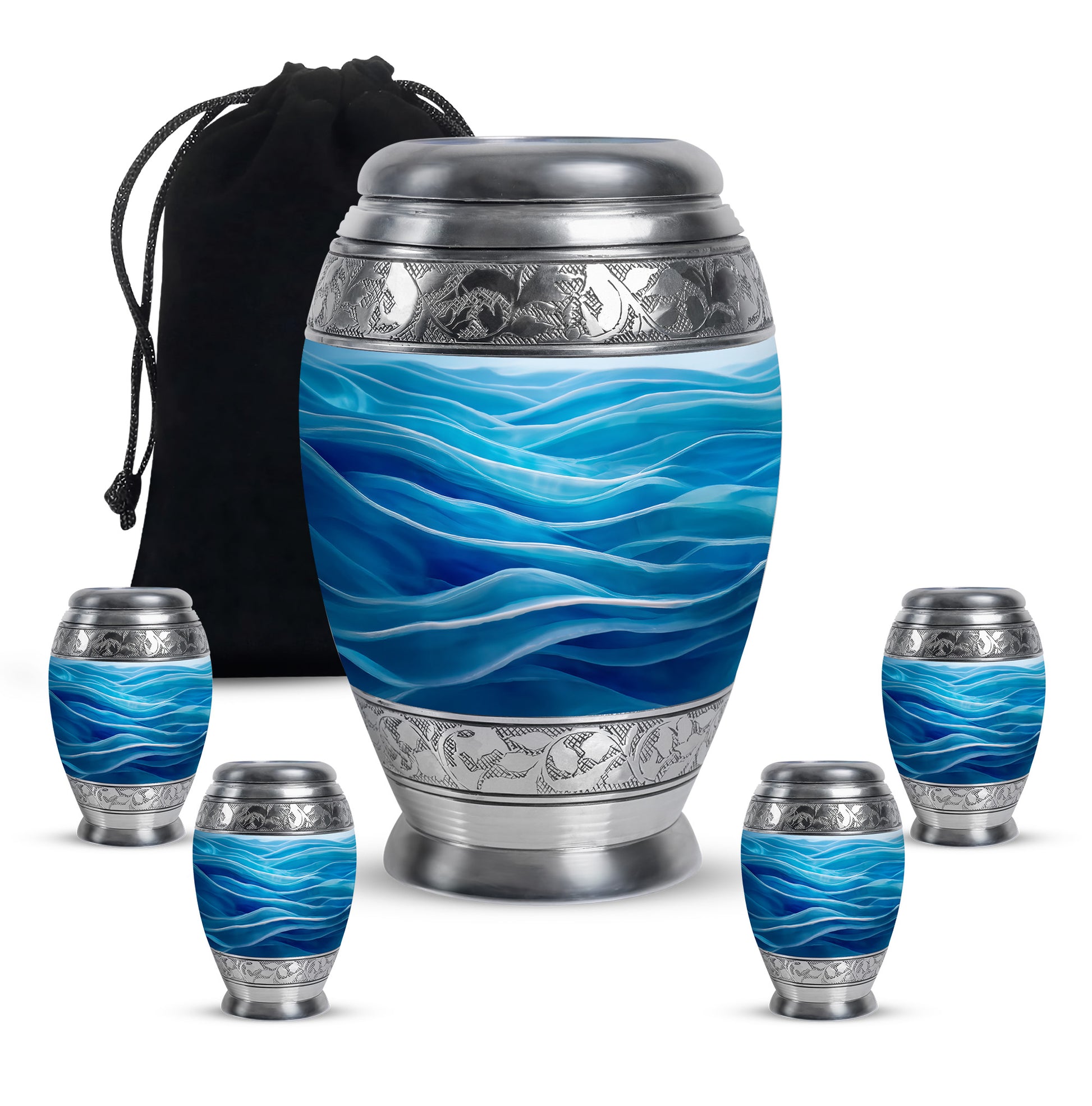 Bright Blue Blue Cremation Urn detail view - royal blue engraving with decorative scrollwork - memorial set with one large and four small urns
