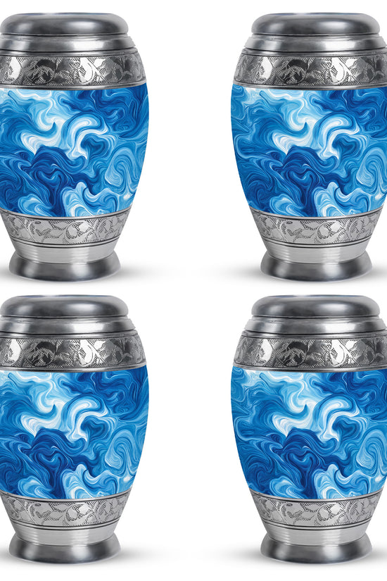 Celestial Blue Blue Cremation Urn urn with complimentary velvet bag - ornate monarch-style blue relief on brushed aluminum - 10 inch aluminum urn for cremated remains
