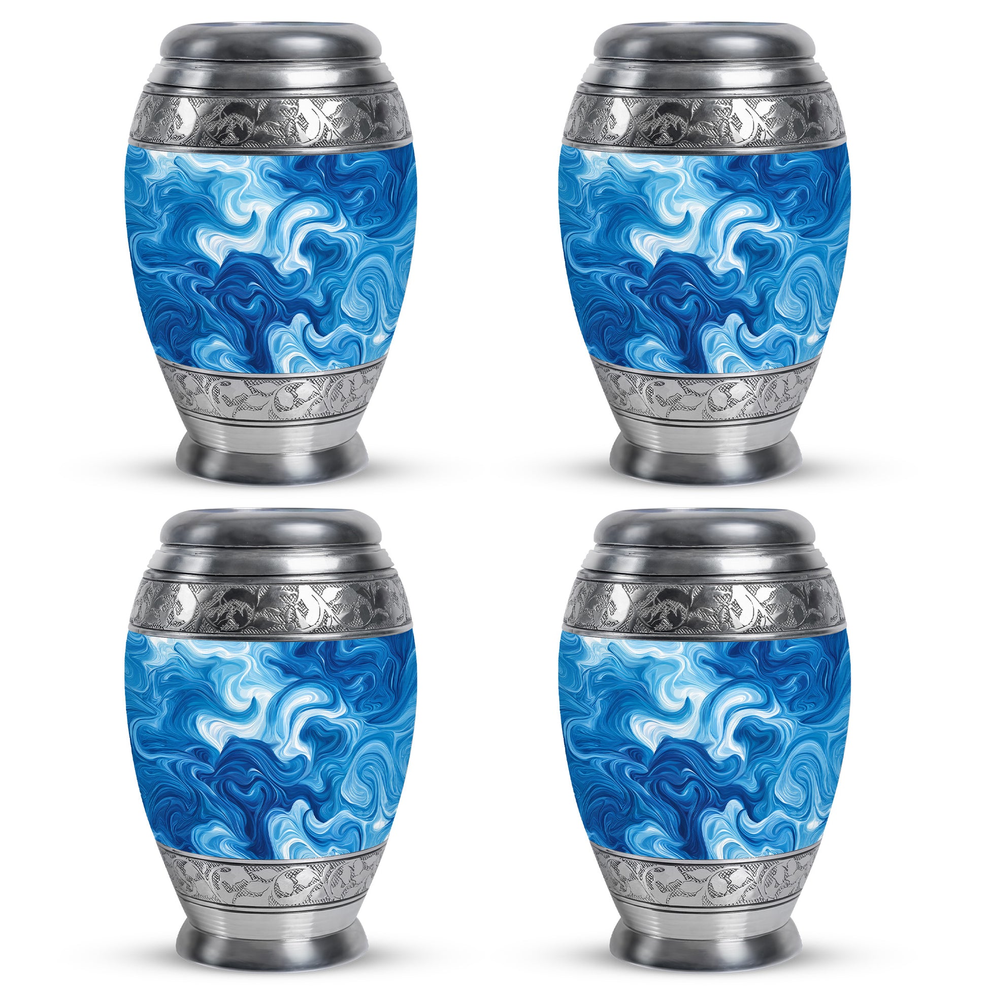 Celestial Blue Blue Cremation Urn urn with complimentary velvet bag - ornate monarch-style blue relief on brushed aluminum - 10 inch aluminum urn for cremated remains