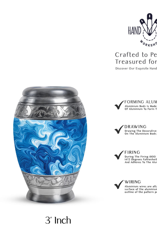 Azure Blue Cremation Urn lifestyle display on memorial shelf - regal blue design with crown-inspired accents - mini keepsake memorial for portion of cremation ashes