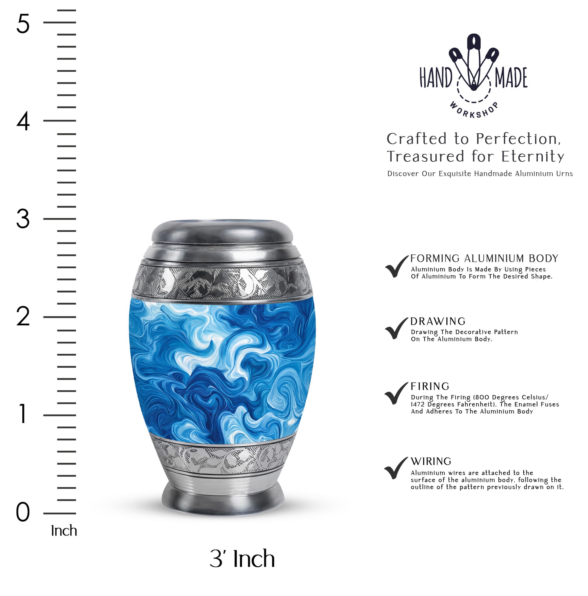 Azure Blue Cremation Urn lifestyle display on memorial shelf - regal blue design with crown-inspired accents - mini keepsake memorial for portion of cremation ashes