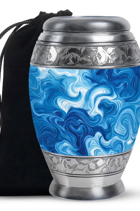 Pastel Blue Blue Cremation Urn back view with polished surface - regal blue design with crown-inspired accents - full-size 10 inch 200 cubic inch adult cremation urn