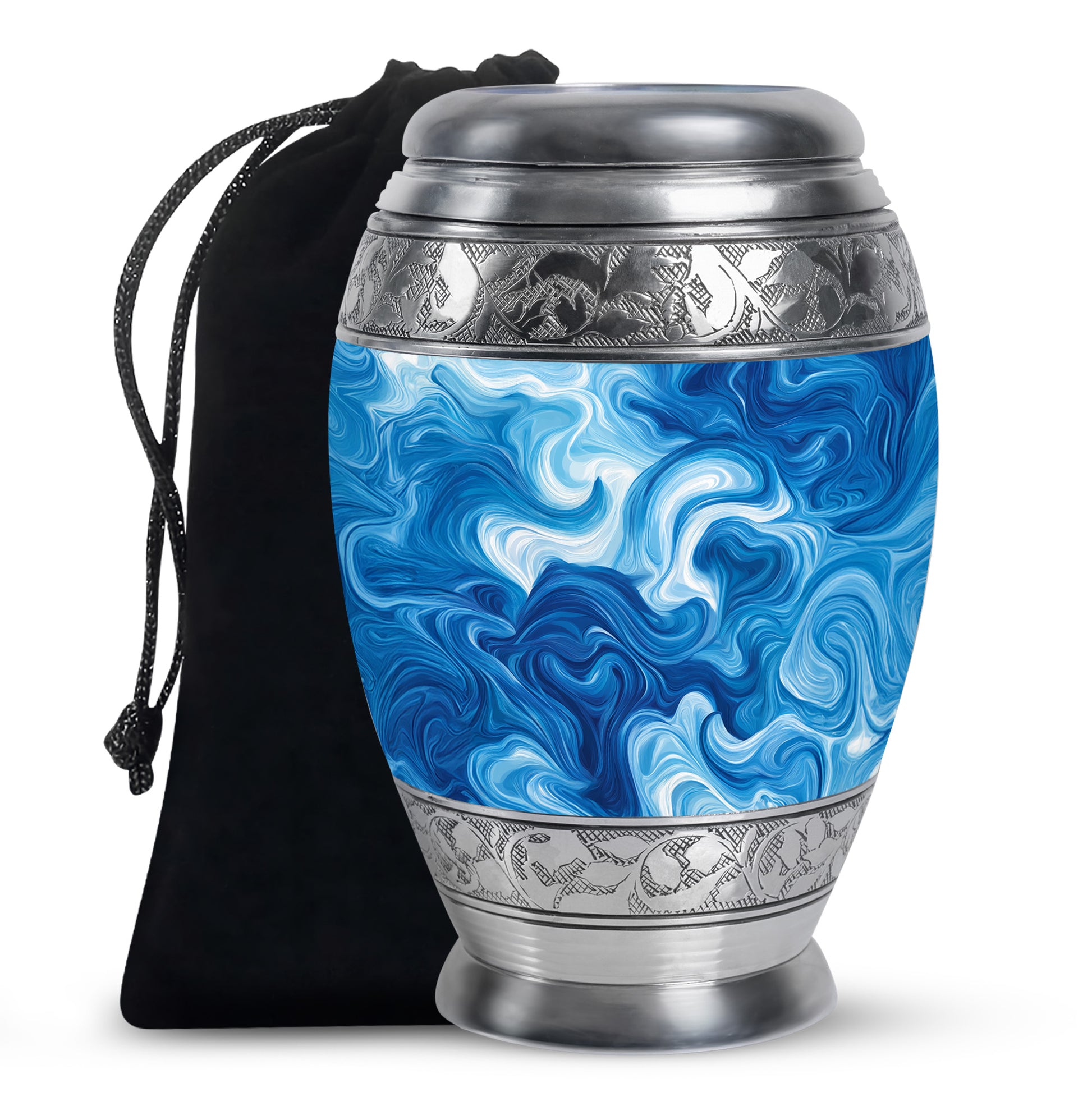 Pastel Blue Blue Cremation Urn back view with polished surface - regal blue design with crown-inspired accents - full-size 10 inch 200 cubic inch adult cremation urn