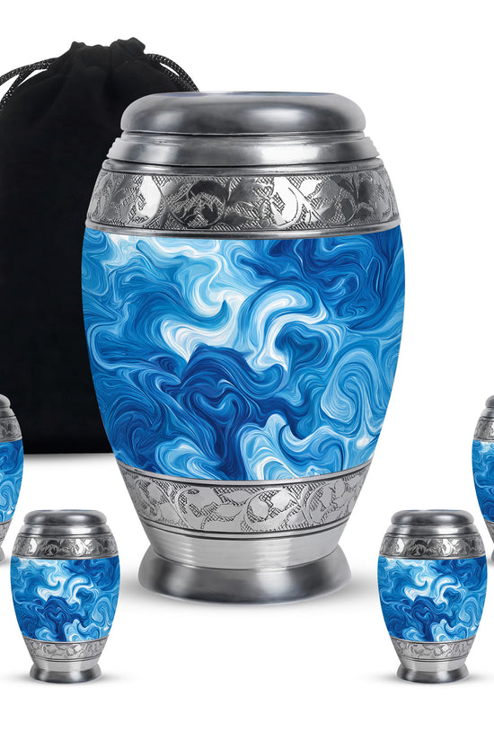 Bright Blue Blue Cremation Urn detail view - royal blue engraving with decorative scrollwork - memorial set with one large and four small urns