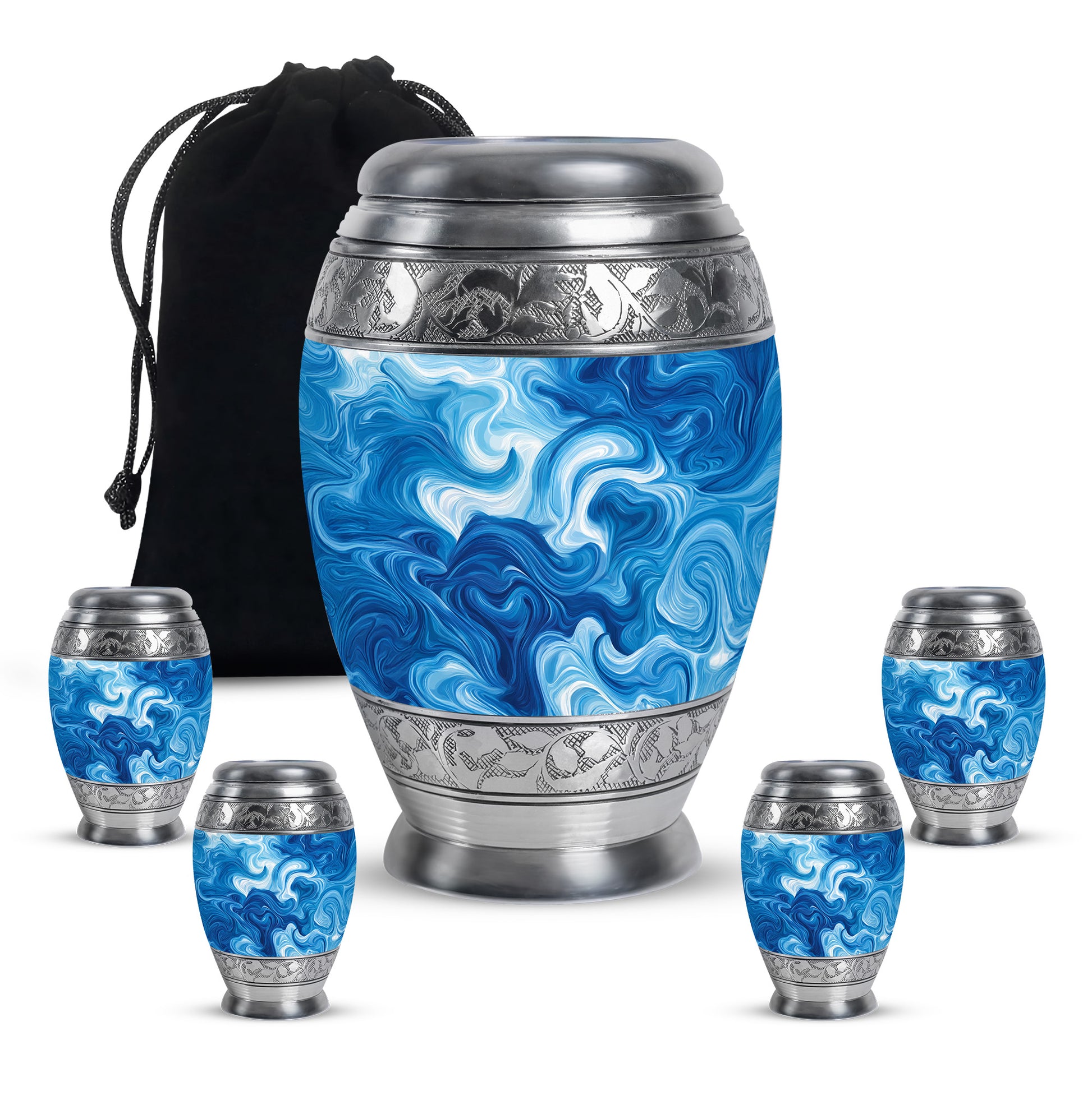 Bright Blue Blue Cremation Urn detail view - royal blue engraving with decorative scrollwork - memorial set with one large and four small urns