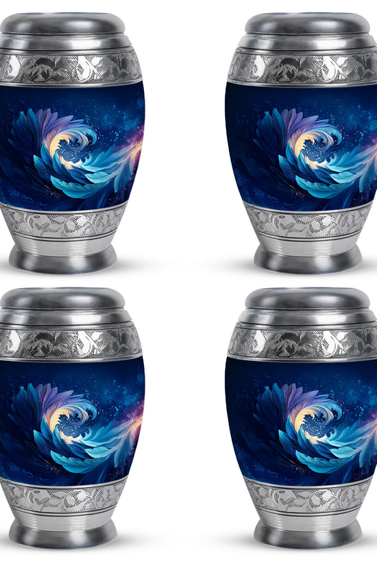 Celestial Blue Blue Cremation Urn urn with complimentary velvet bag - ornate monarch-style blue relief on brushed aluminum - 10 inch aluminum urn for cremated remains