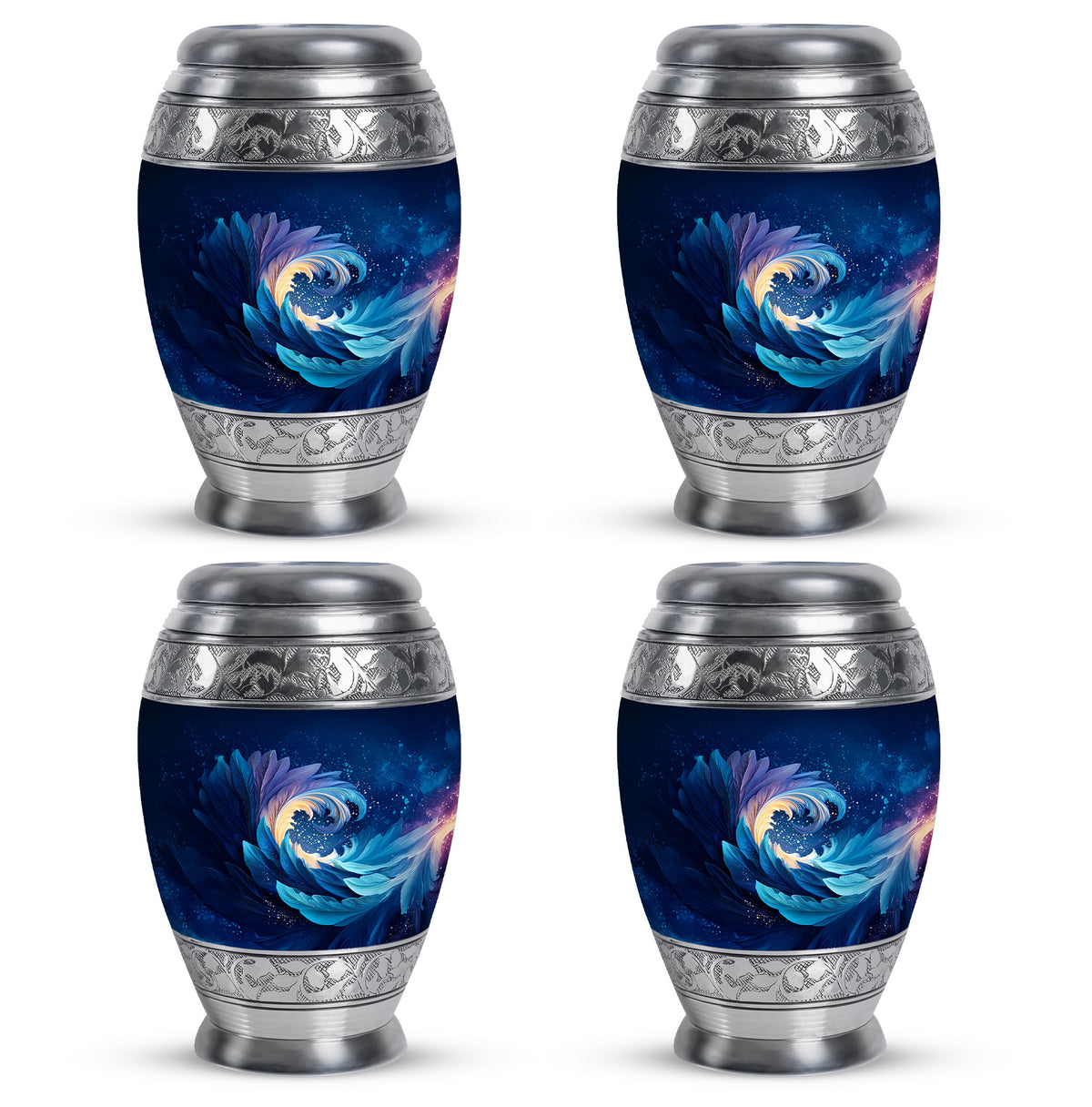 Celestial Blue Blue Cremation Urn urn with complimentary velvet bag - ornate monarch-style blue relief on brushed aluminum - 10 inch aluminum urn for cremated remains