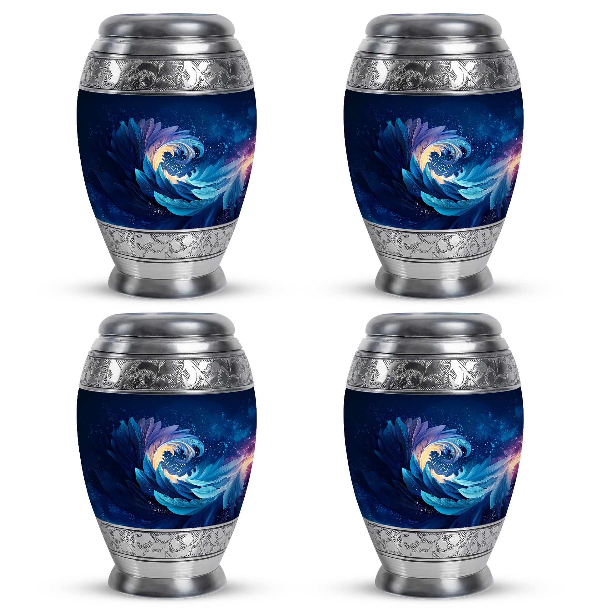 Celestial Blue Blue Cremation Urn urn with complimentary velvet bag - ornate monarch-style blue relief on brushed aluminum - 10 inch aluminum urn for cremated remains
