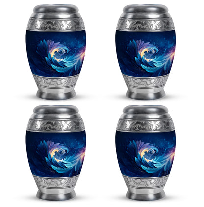 Celestial Blue Blue Cremation Urn urn with complimentary velvet bag - ornate monarch-style blue relief on brushed aluminum - 10 inch aluminum urn for cremated remains