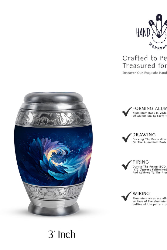 Azure Blue Cremation Urn lifestyle display on memorial shelf - ornate monarch-style blue relief on brushed aluminum - mini keepsake memorial for portion of cremation ashes