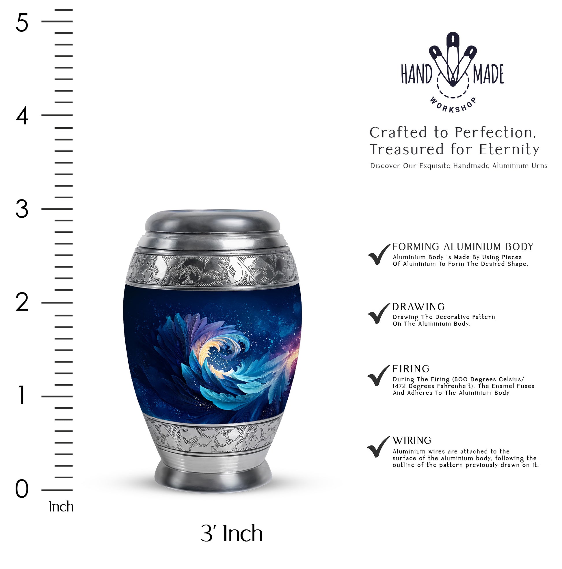 Azure Blue Cremation Urn lifestyle display on memorial shelf - ornate monarch-style blue relief on brushed aluminum - mini keepsake memorial for portion of cremation ashes
