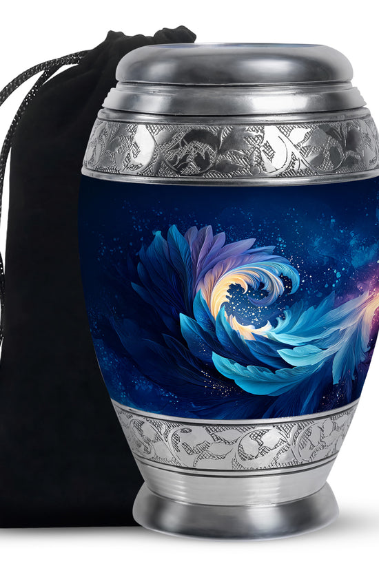 Misty Blue Blue Cremation Urn back view with polished surface - ornate monarch-style blue relief on brushed aluminum - full-size 10 inch 200 cubic inch adult cremation urn