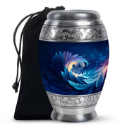 Misty Blue Blue Cremation Urn back view with polished surface - ornate monarch-style blue relief on brushed aluminum - full-size 10 inch 200 cubic inch adult cremation urn