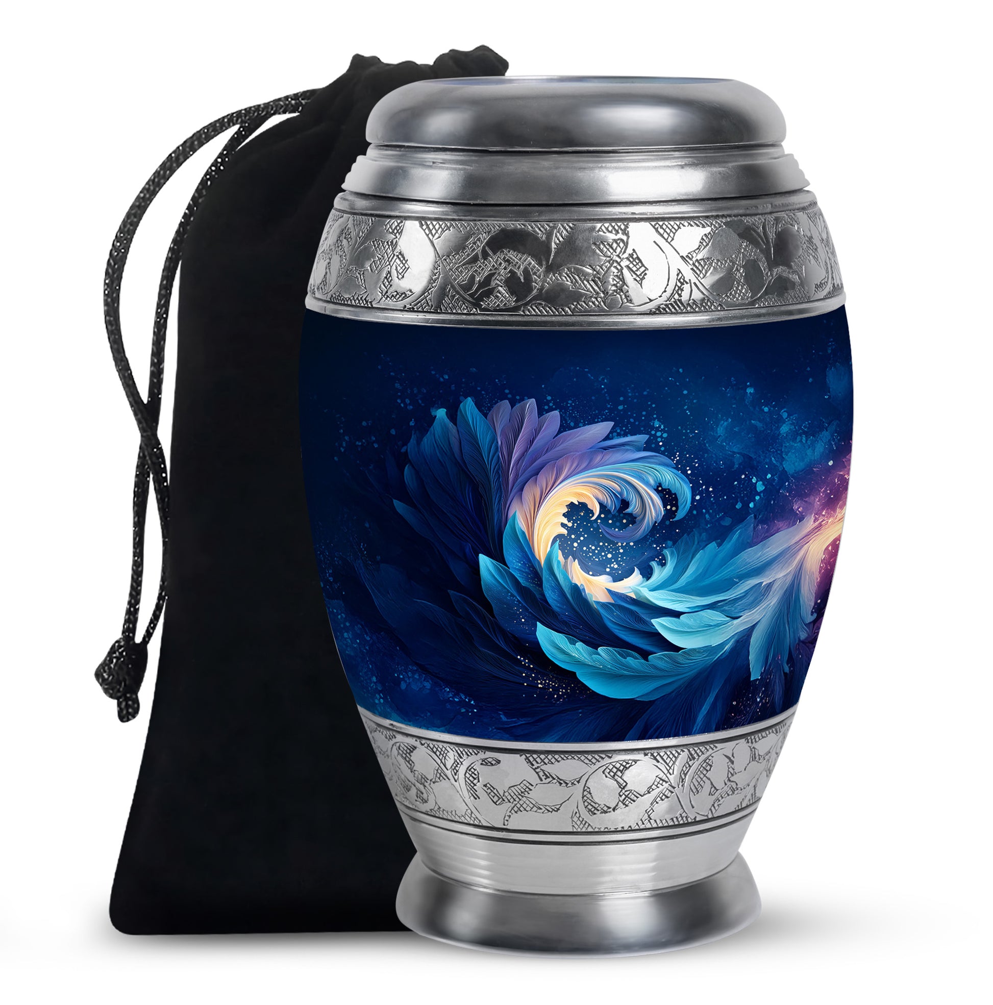 Misty Blue Blue Cremation Urn back view with polished surface - ornate monarch-style blue relief on brushed aluminum - full-size 10 inch 200 cubic inch adult cremation urn