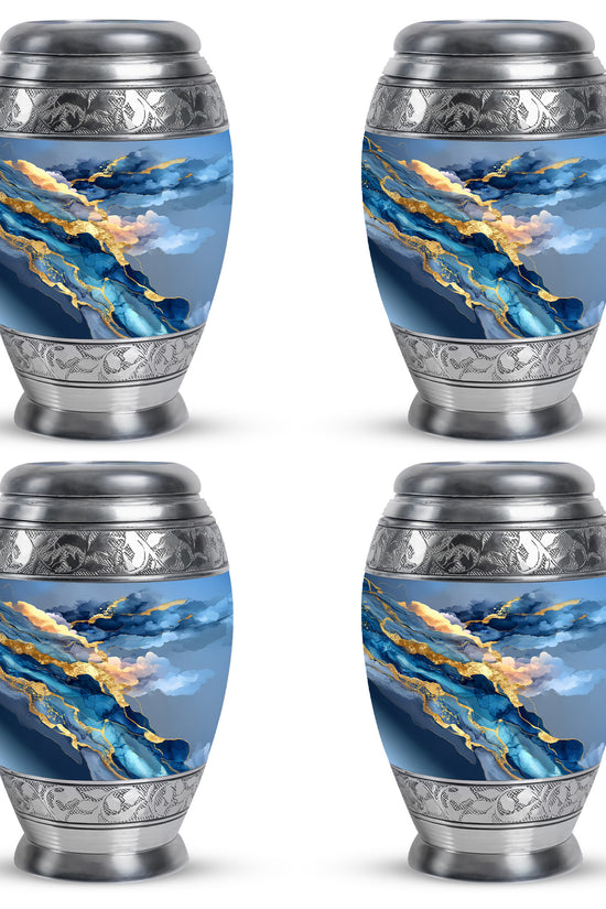Twilight Blue Blue Cremation Urn urn with complimentary velvet bag - royal blue engraving with decorative scrollwork - 10 inch aluminum urn for cremated remains