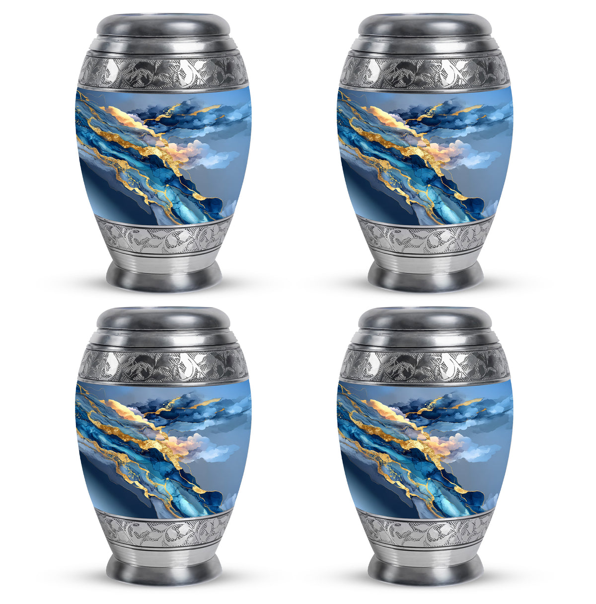 Twilight Blue Blue Cremation Urn urn with complimentary velvet bag - royal blue engraving with decorative scrollwork - 10 inch aluminum urn for cremated remains
