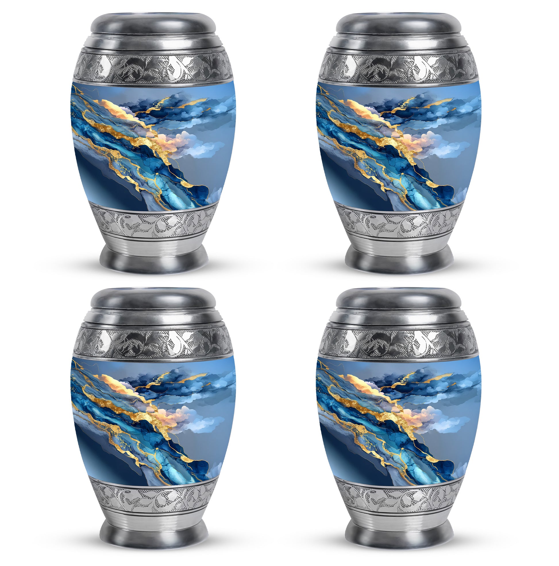 Twilight Blue Blue Cremation Urn urn with complimentary velvet bag - royal blue engraving with decorative scrollwork - 10 inch aluminum urn for cremated remains