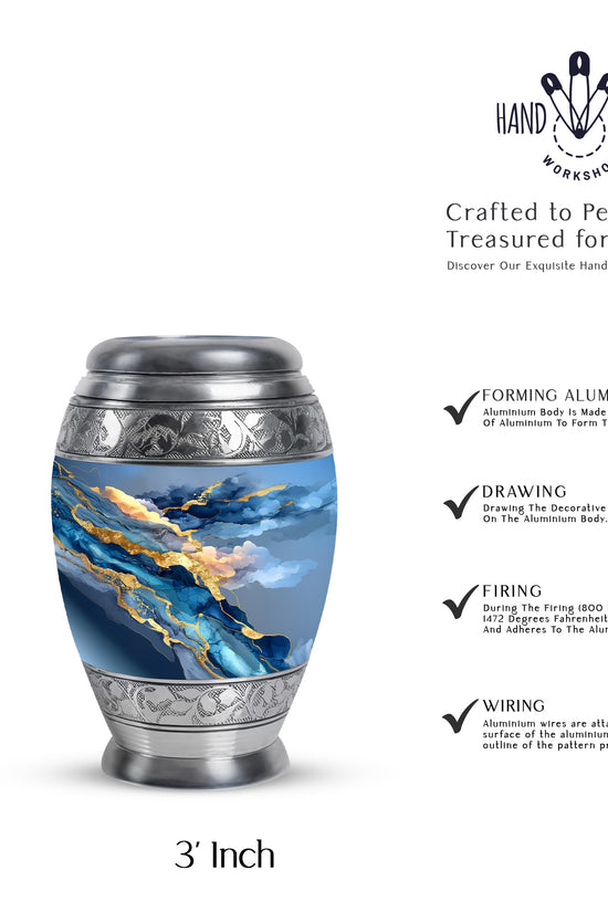 Celestial Blue Blue Cremation Urn lifestyle display on memorial shelf - ornate monarch-style blue relief on brushed aluminum - mini keepsake memorial for portion of cremation ashes