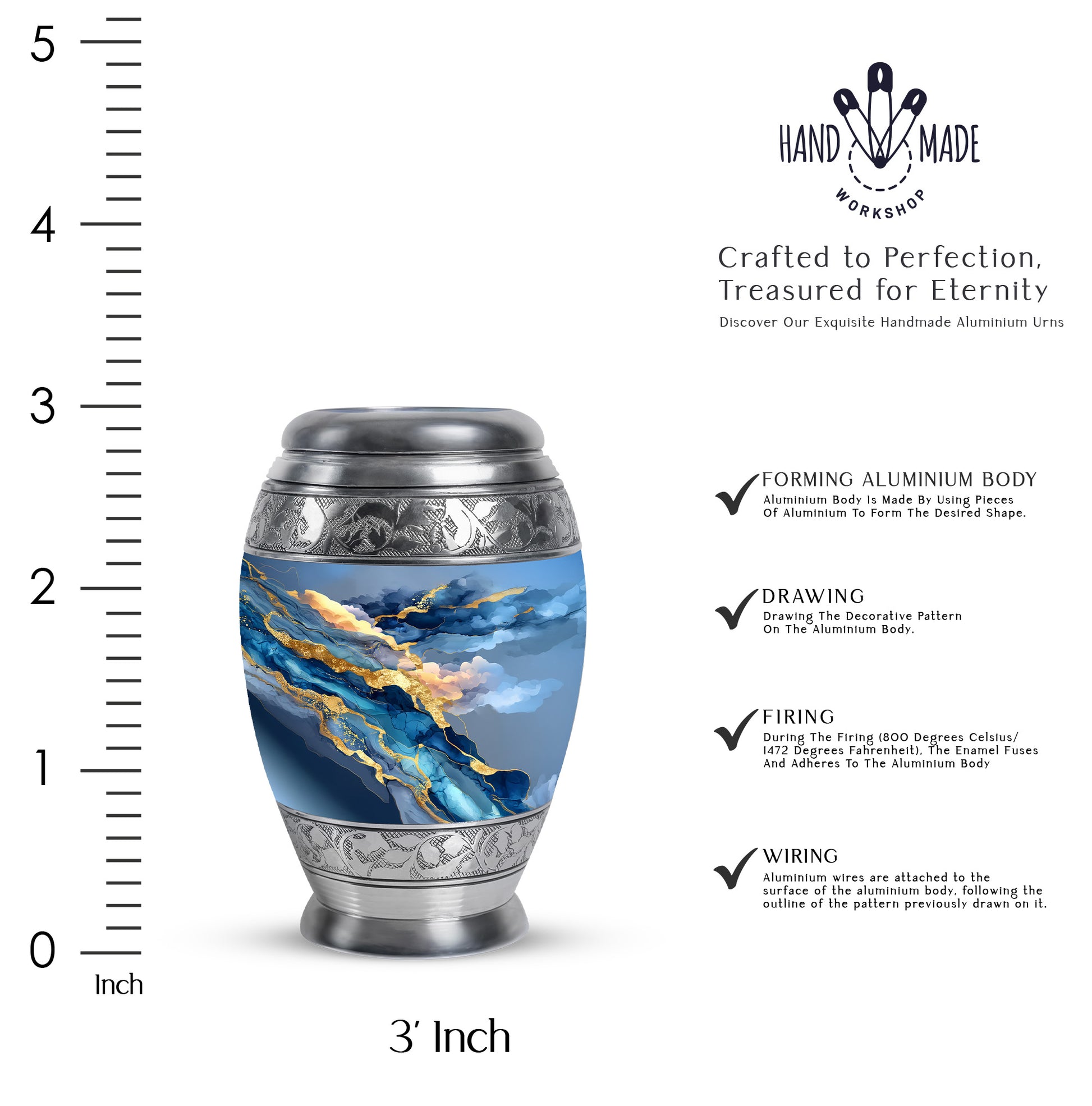 Celestial Blue Blue Cremation Urn lifestyle display on memorial shelf - ornate monarch-style blue relief on brushed aluminum - mini keepsake memorial for portion of cremation ashes