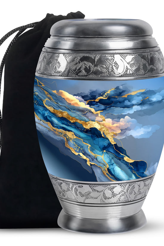 Cornflower Blue Blue Cremation Urn back view with polished surface - royal blue engraving with decorative scrollwork - full-size 10 inch 200 cubic inch adult cremation urn