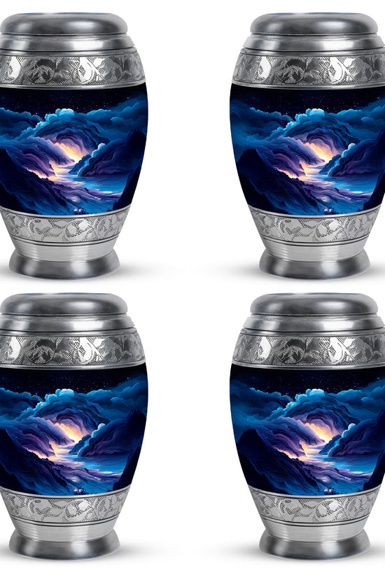 Calming Blue Blue Cremation Urn urn with complimentary velvet bag - majestic blue pattern with filigree border - 10 inch aluminum urn for cremated remains