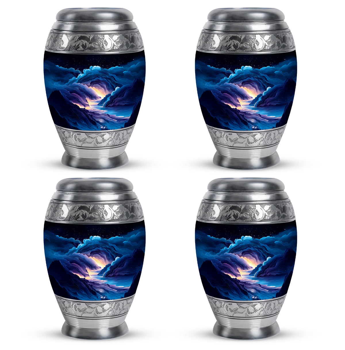 Calming Blue Blue Cremation Urn urn with complimentary velvet bag - majestic blue pattern with filigree border - 10 inch aluminum urn for cremated remains