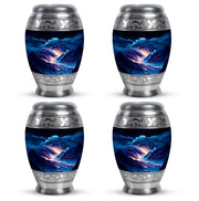 Calming Blue Blue Cremation Urn urn with complimentary velvet bag - majestic blue pattern with filigree border - 10 inch aluminum urn for cremated remains